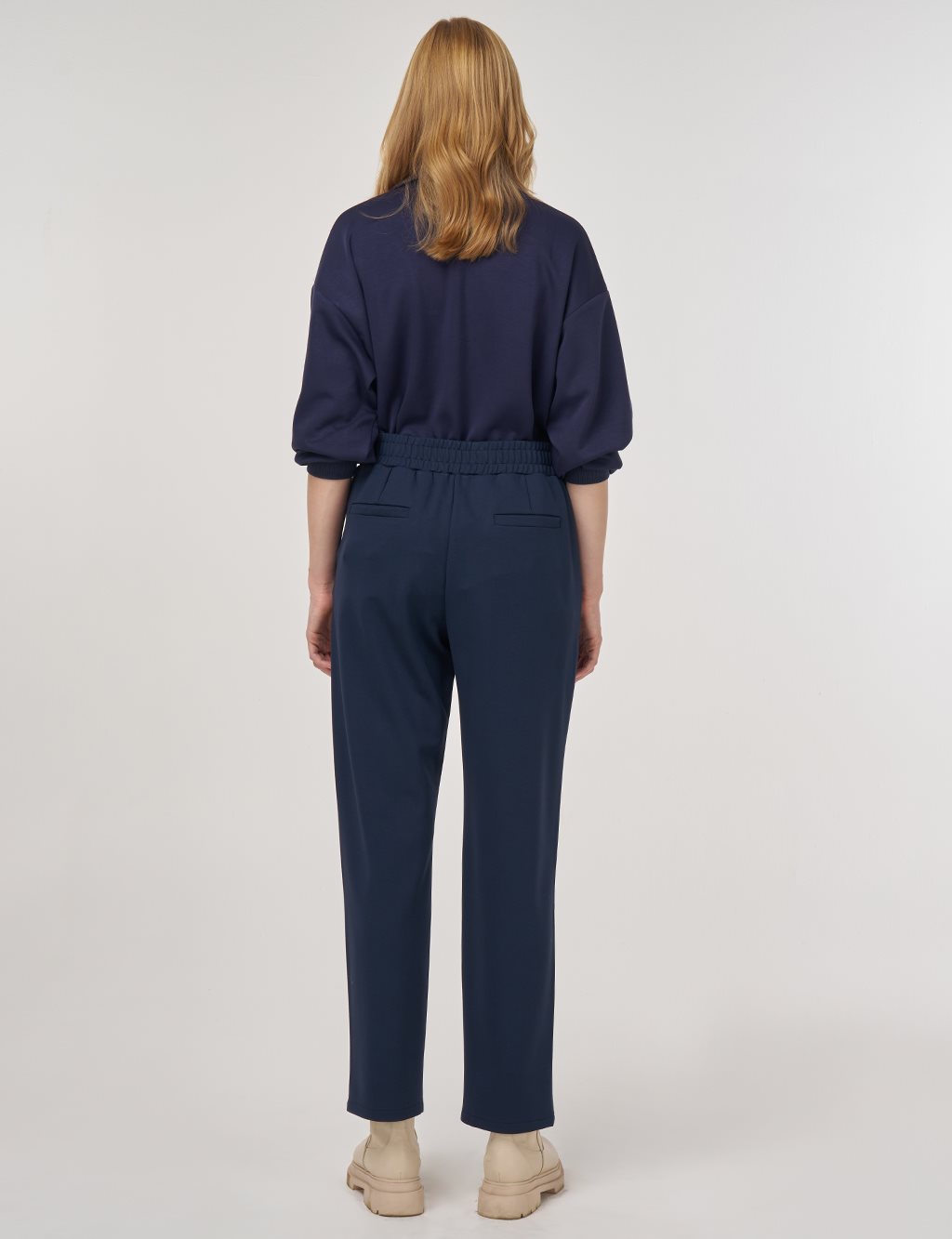 Metal Buckled Straight Leg Trousers Dark Navy Blue