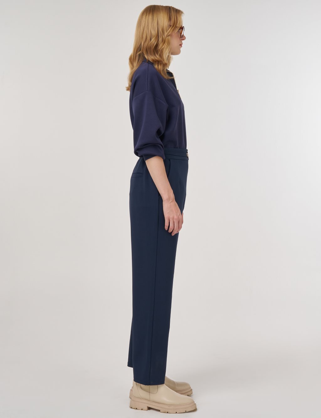 Metal Buckled Straight Leg Trousers Dark Navy Blue