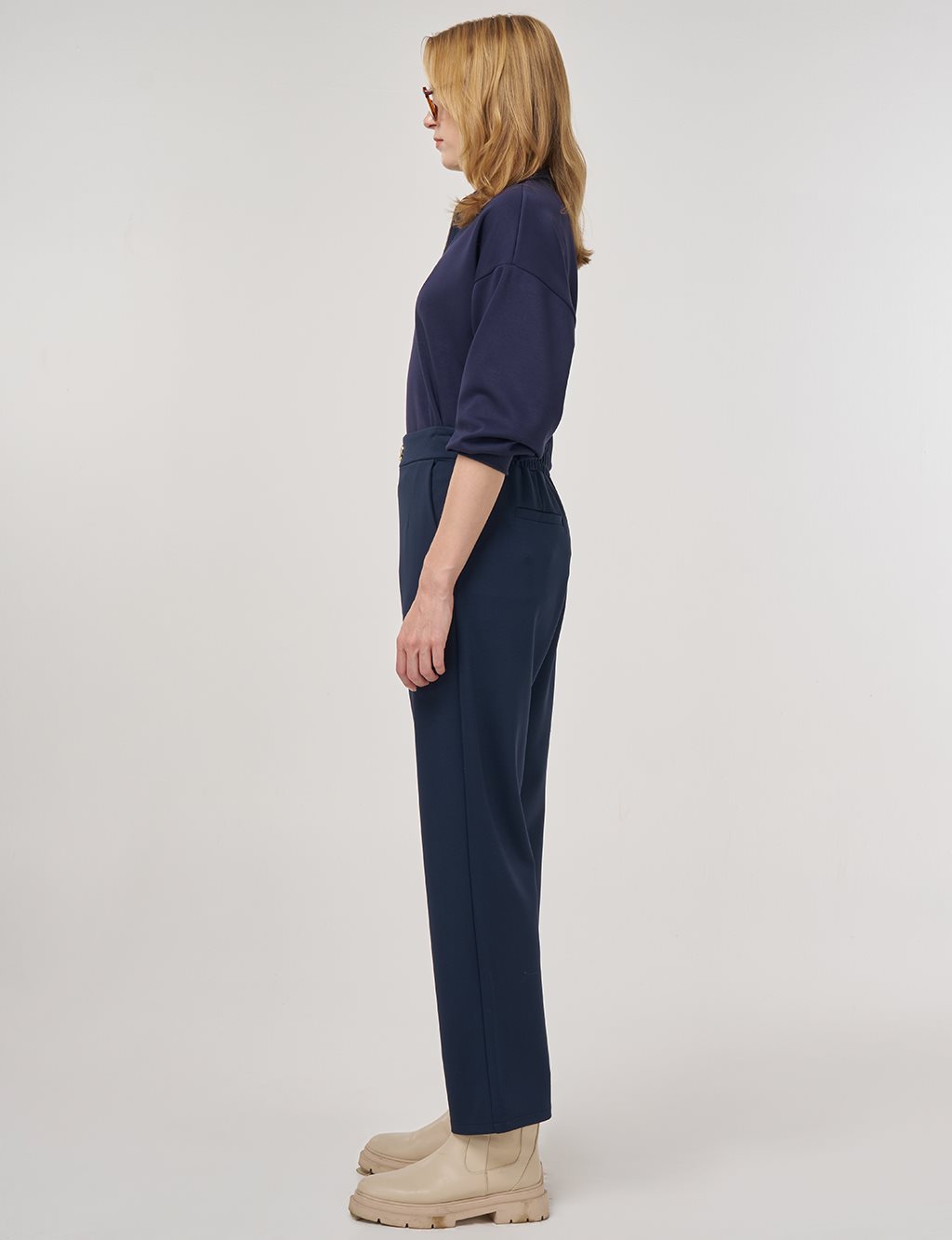 Metal Buckled Straight Leg Trousers Dark Navy Blue