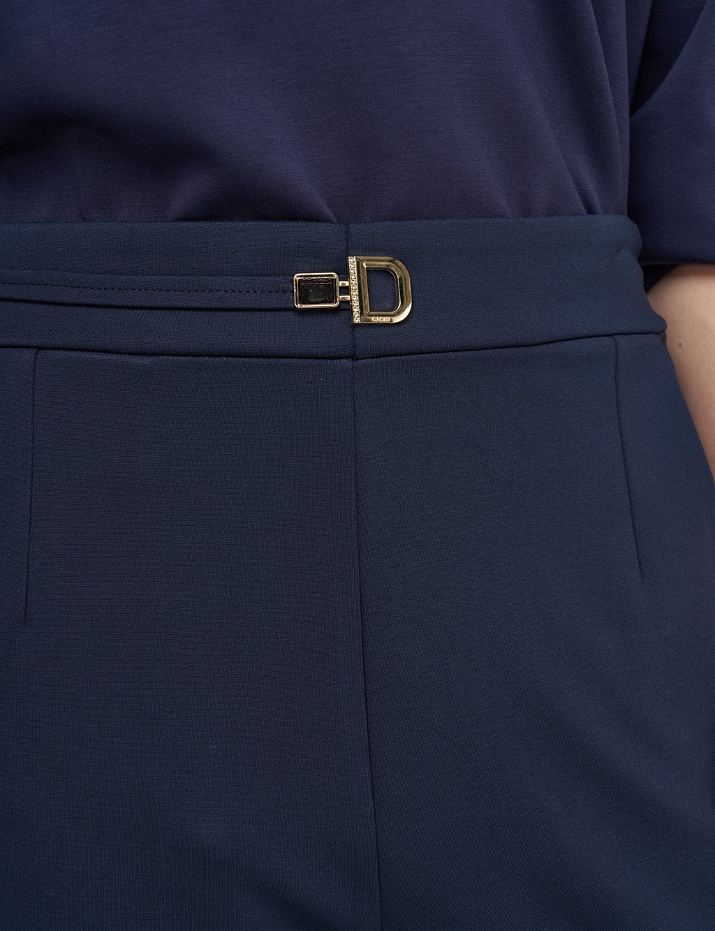 Metal Buckled Straight Leg Trousers Dark Navy Blue