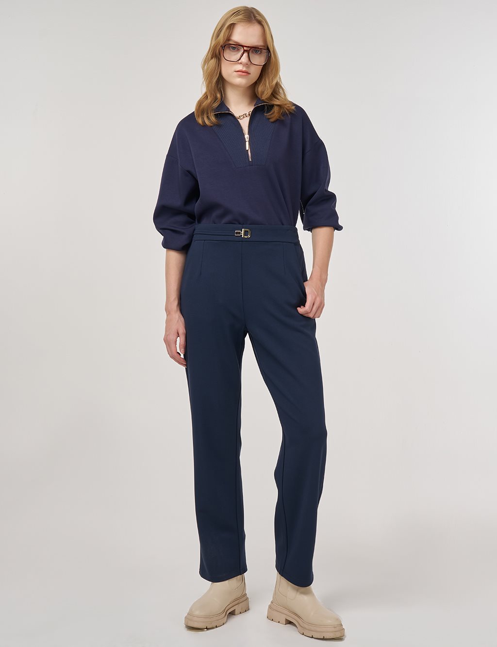 Metal Buckled Straight Leg Trousers Dark Navy Blue
