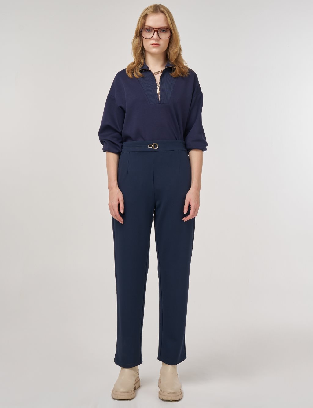 Metal Buckled Straight Leg Trousers Dark Navy Blue