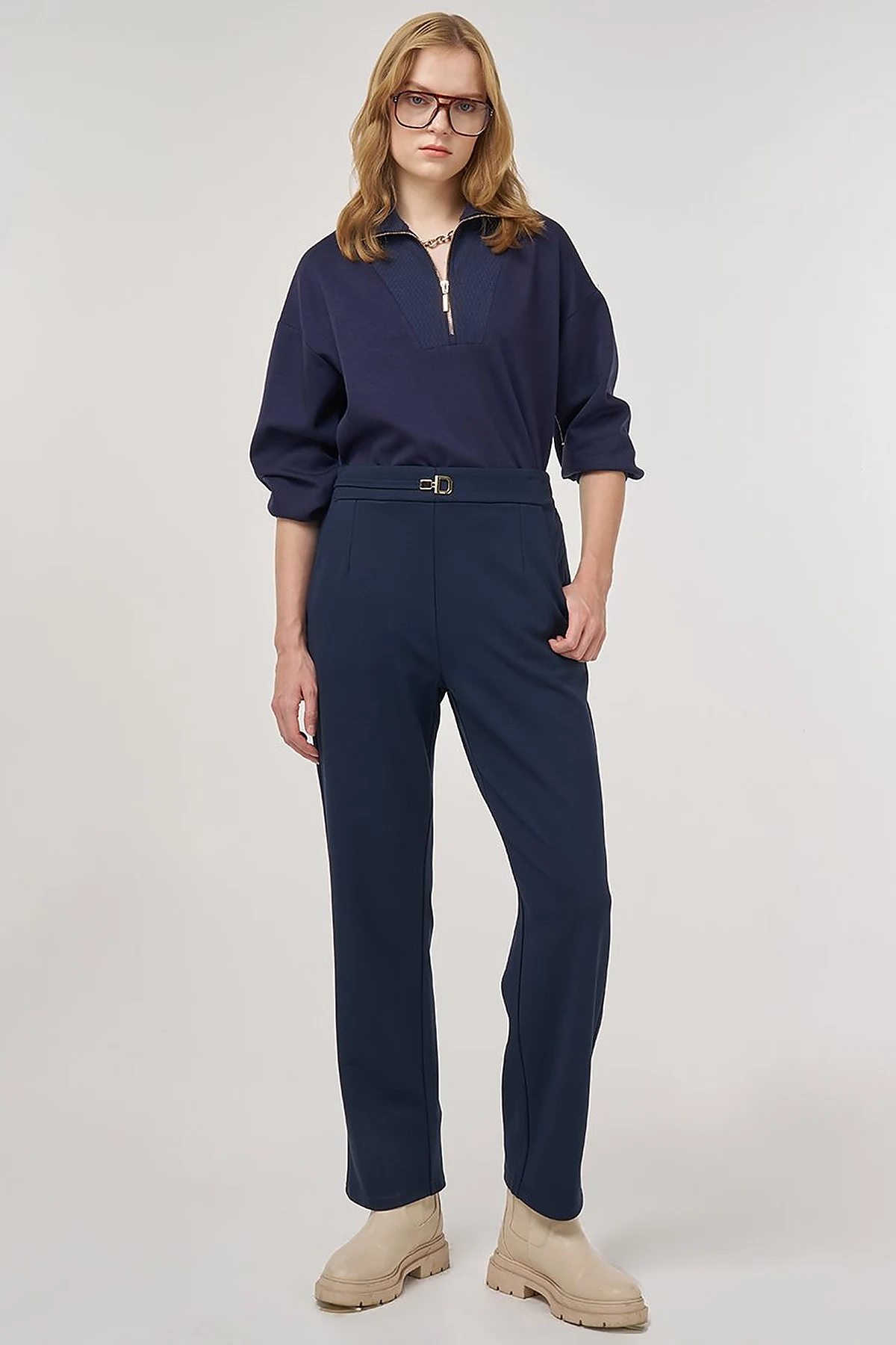 Metal Buckled Straight Leg Trousers Dark Navy Blue