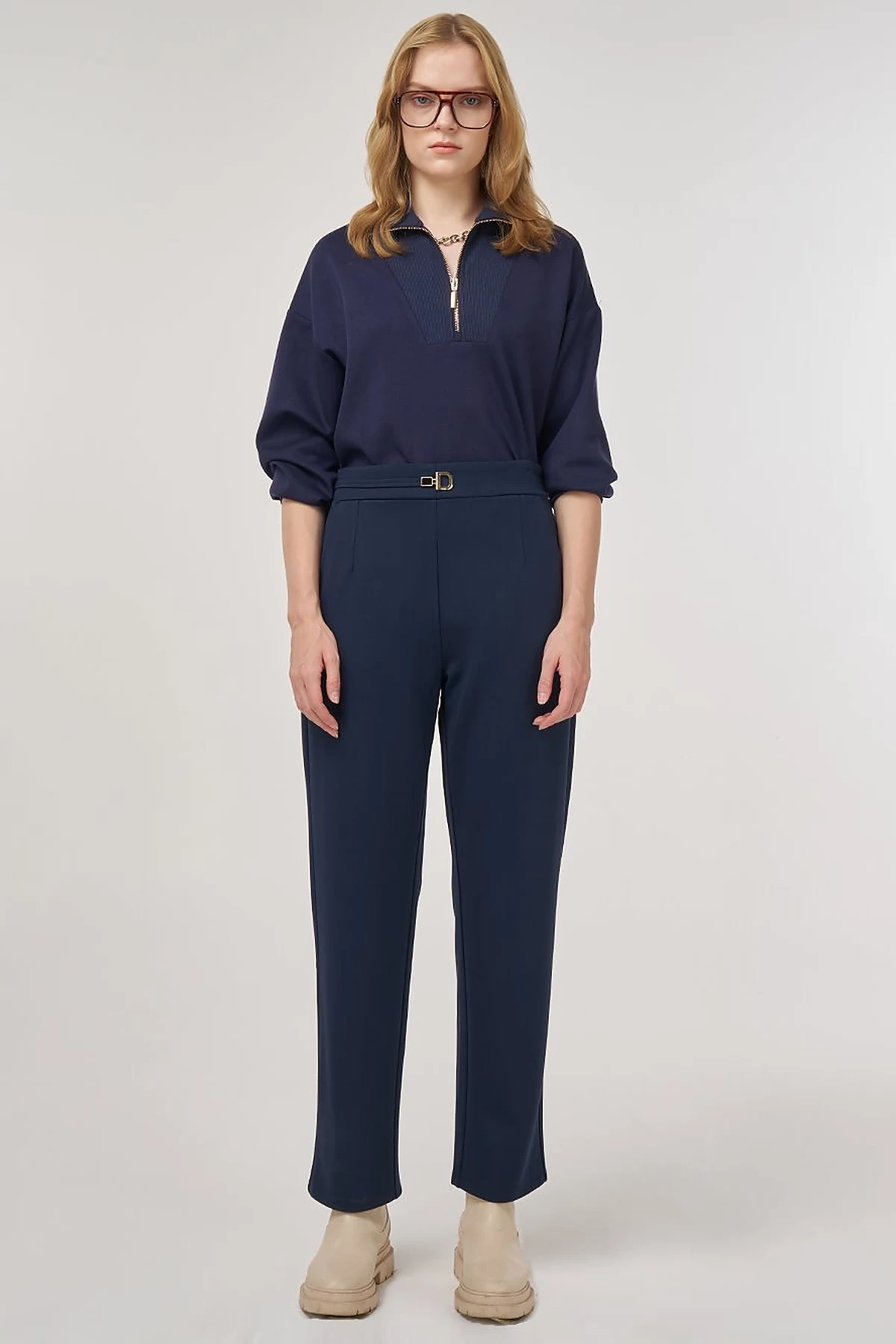 Metal Buckled Straight Leg Trousers Dark Navy Blue