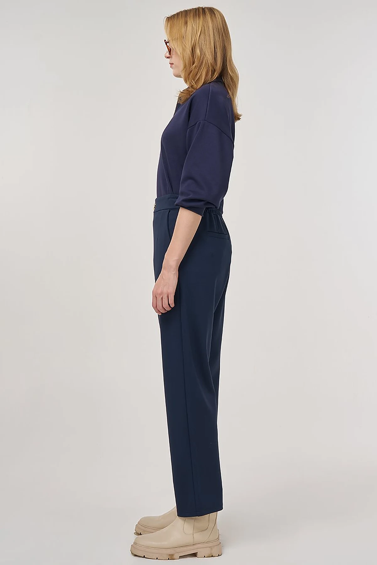 Metal Buckled Straight Leg Trousers Dark Navy Blue