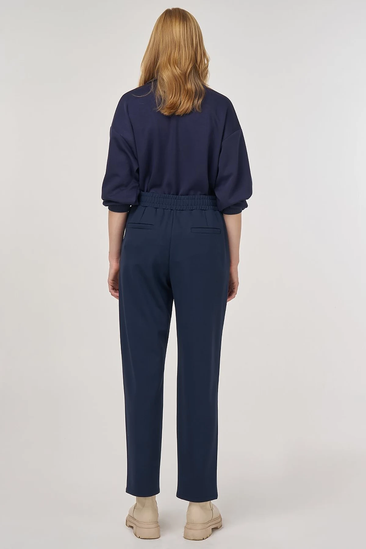 Metal Buckled Straight Leg Trousers Dark Navy Blue