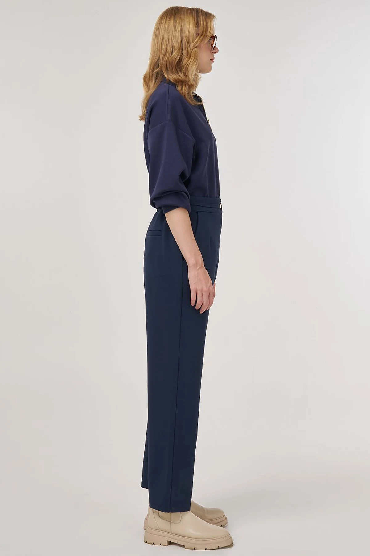 Metal Buckled Straight Leg Trousers Dark Navy Blue