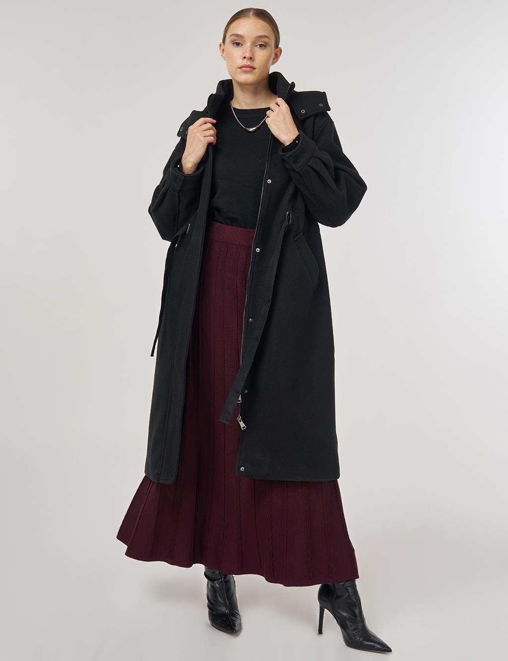 Kapüşonlu Kaşe Kaban Siyah 