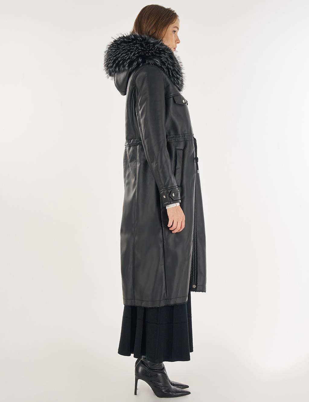 Faux Fur Detailed Faux Leather Jacket Black