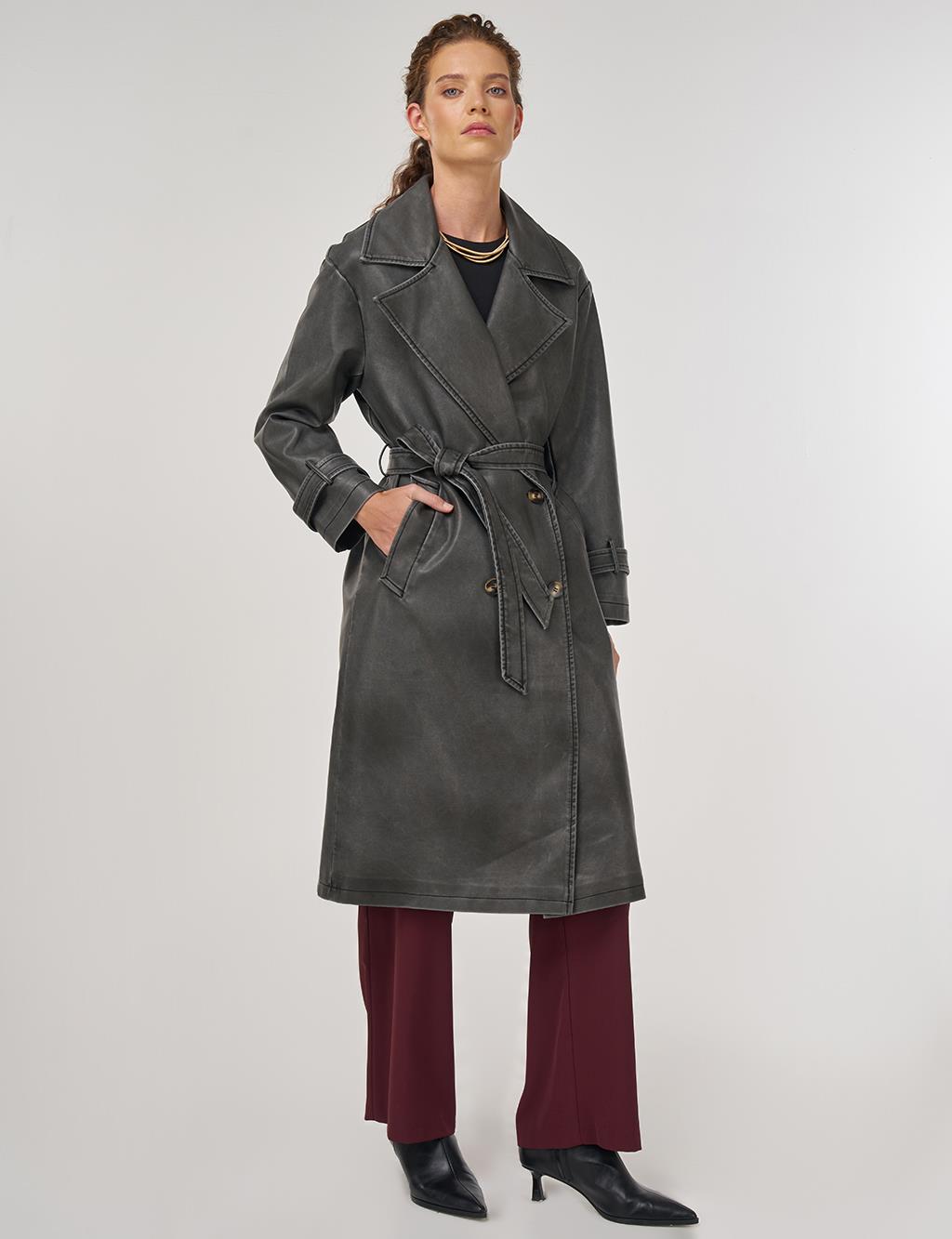 Faux Leather Trench Coat with Epaulet Details Black 
