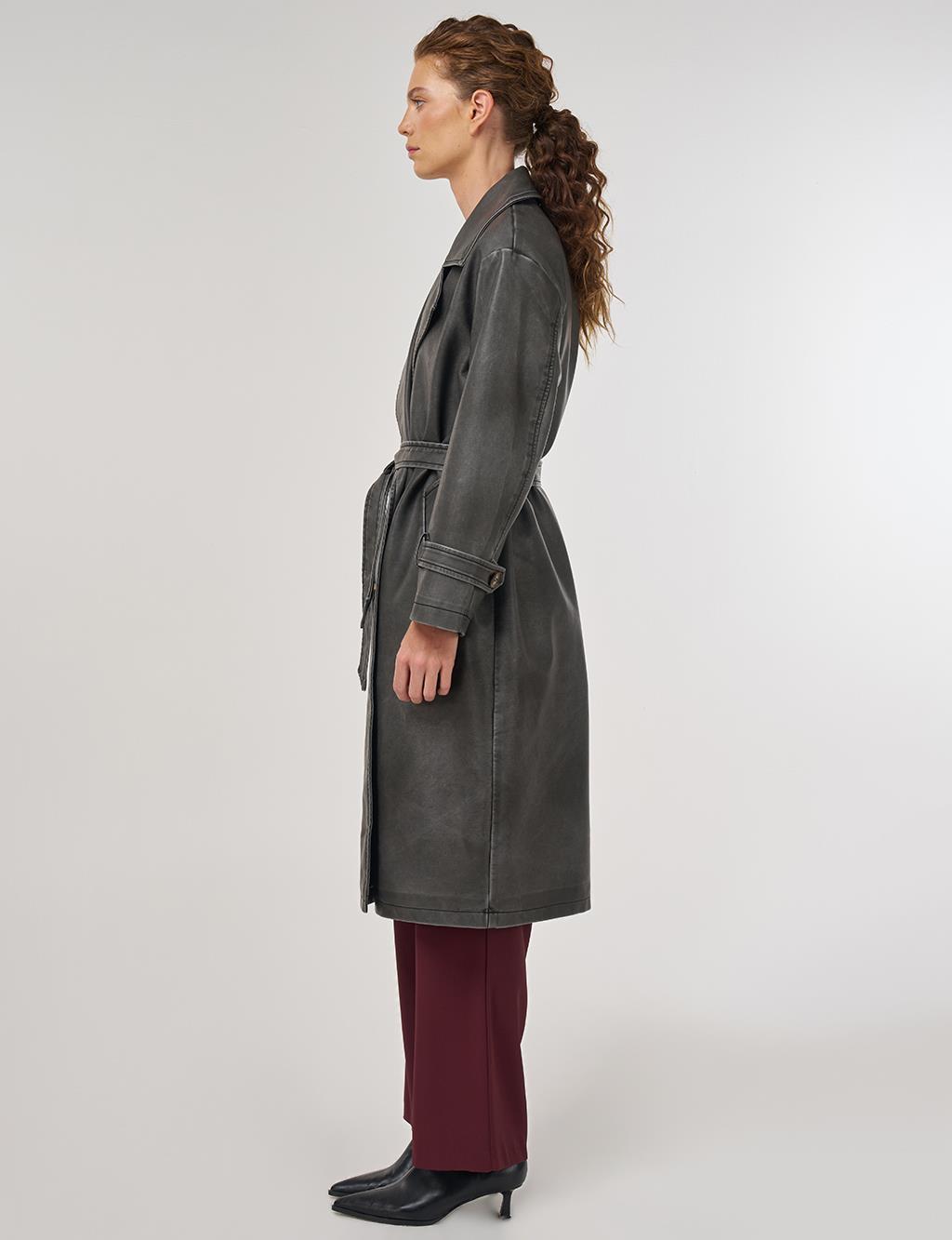 Faux Leather Trench Coat with Epaulet Details Black 