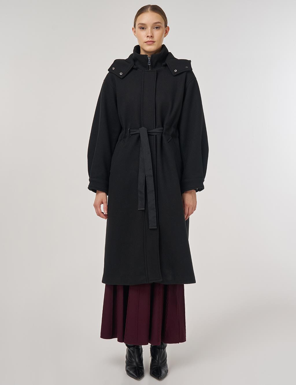 Kapüşonlu Kaşe Kaban Siyah 