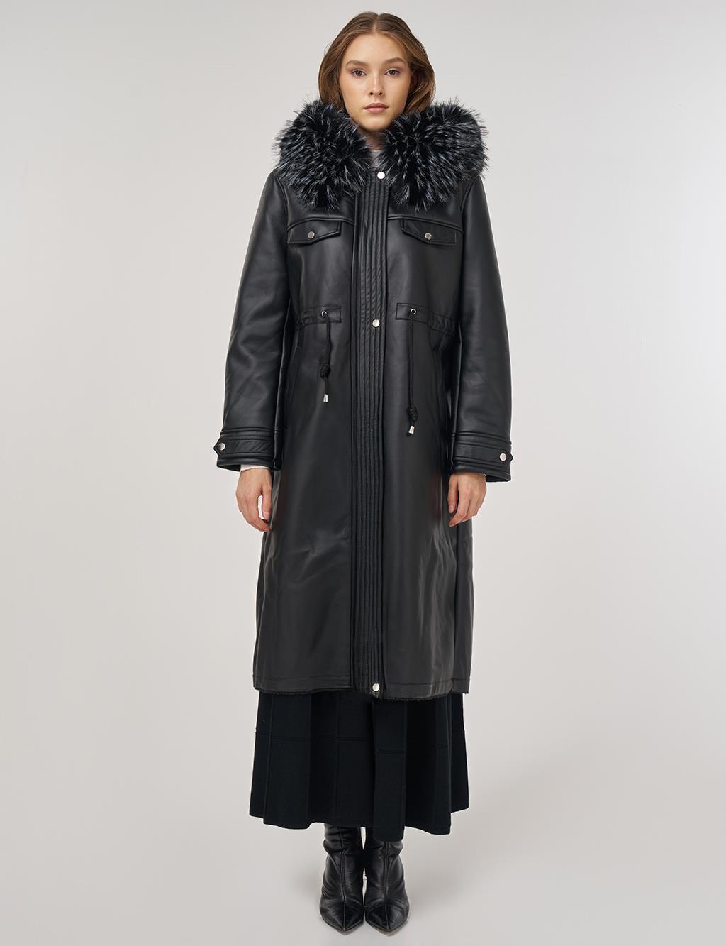 Faux Fur Detailed Faux Leather Jacket Black