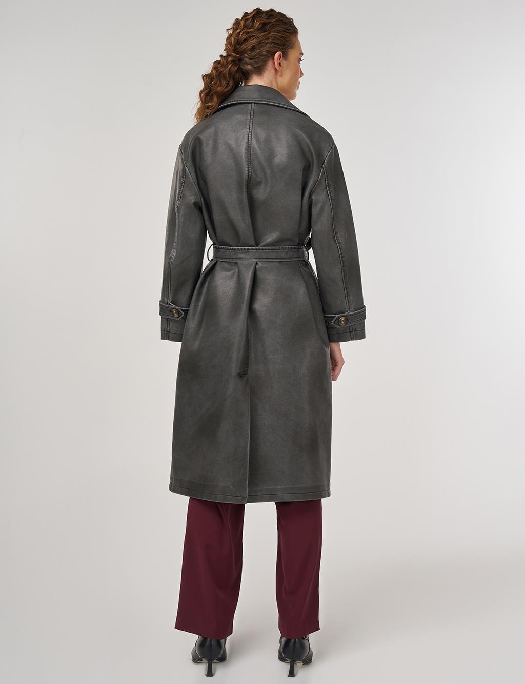 Faux Leather Trench Coat with Epaulet Details Black 