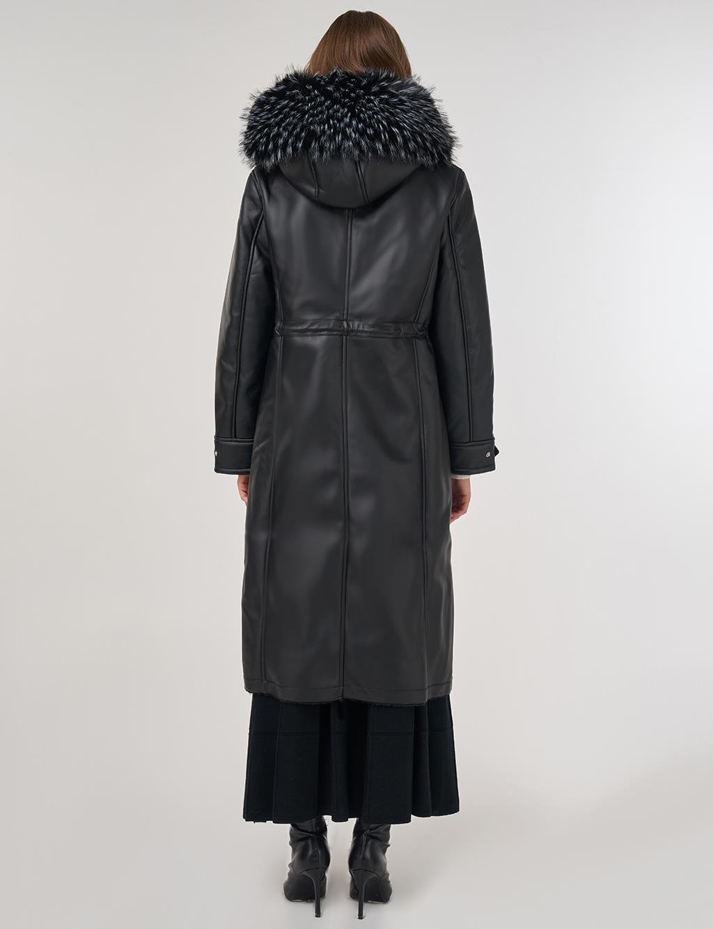 Faux Fur Detailed Faux Leather Jacket Black