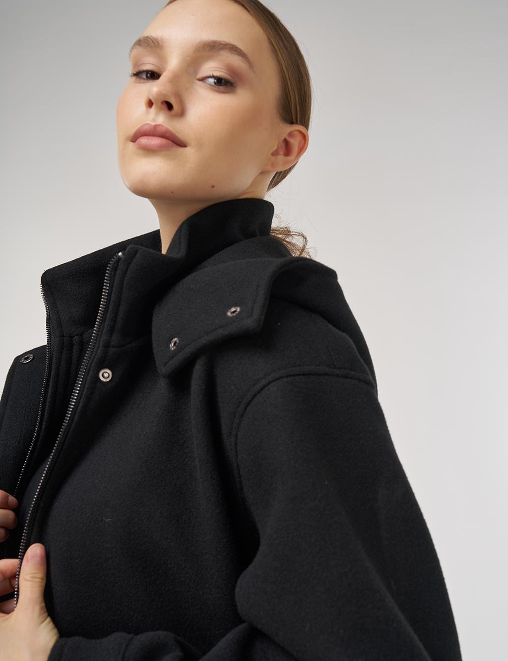 Kapüşonlu Kaşe Kaban Siyah 