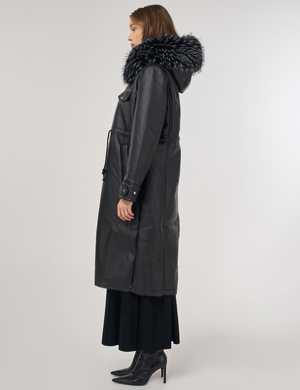 Faux Fur Detailed Faux Leather Jacket Black