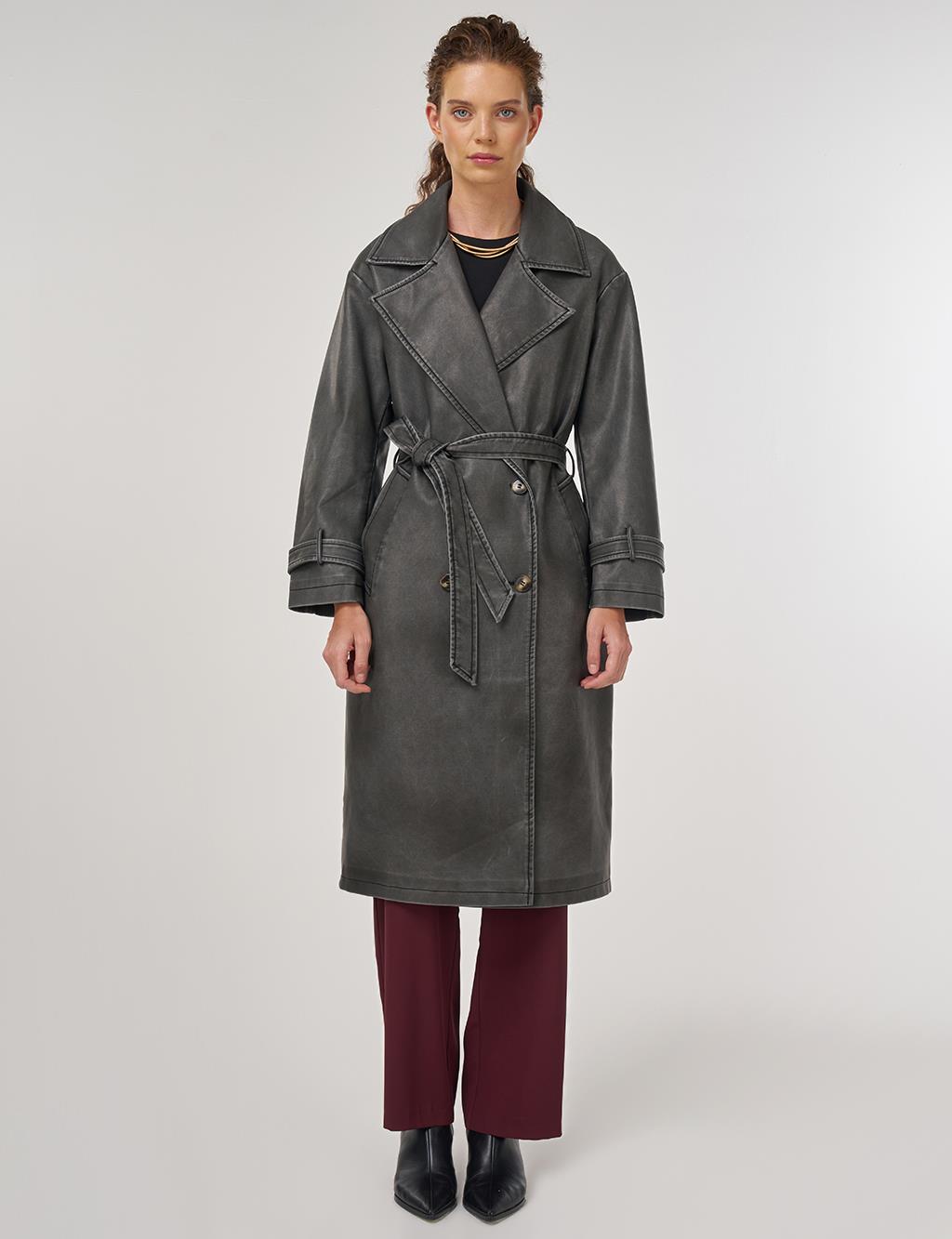 Faux Leather Trench Coat with Epaulet Details Black 