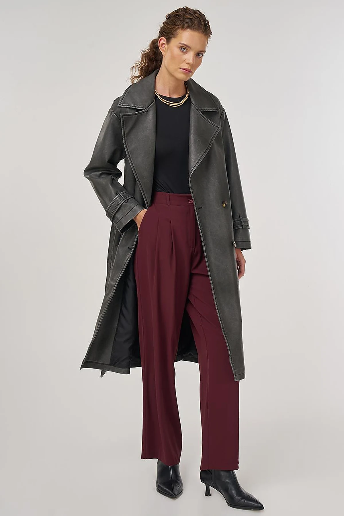 Faux Leather Trench Coat with Epaulet Details Black 