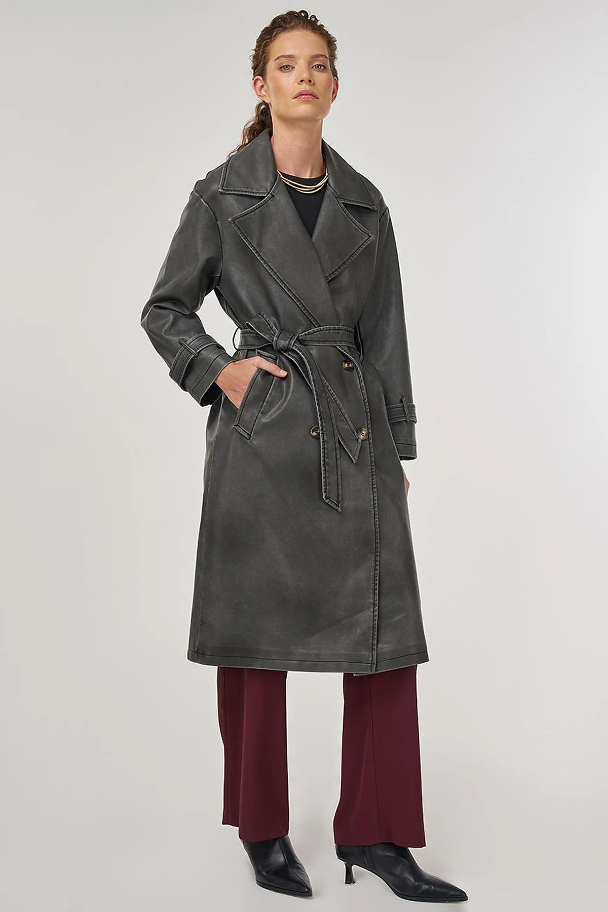 Faux Leather Trench Coat with Epaulet Details Black 