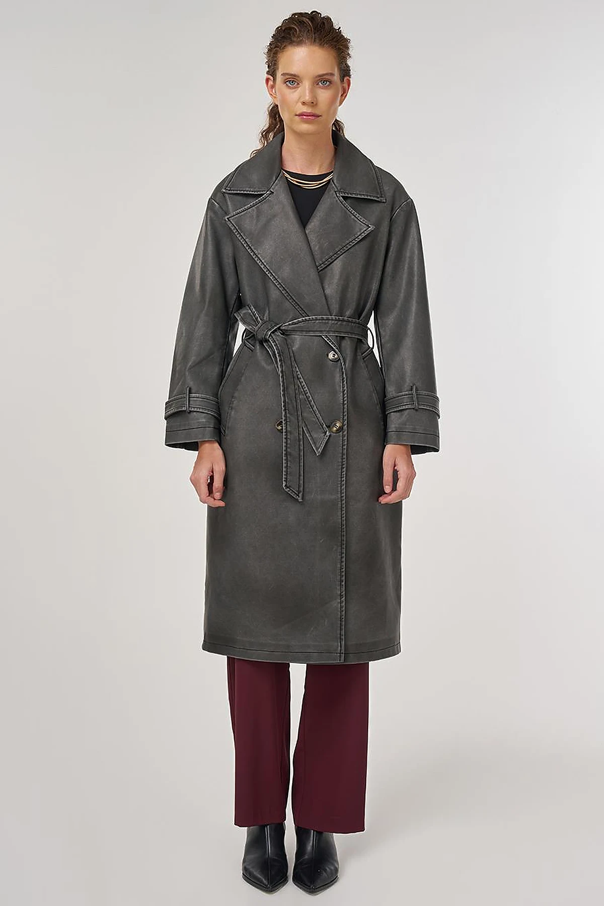 Faux Leather Trench Coat with Epaulet Details Black 