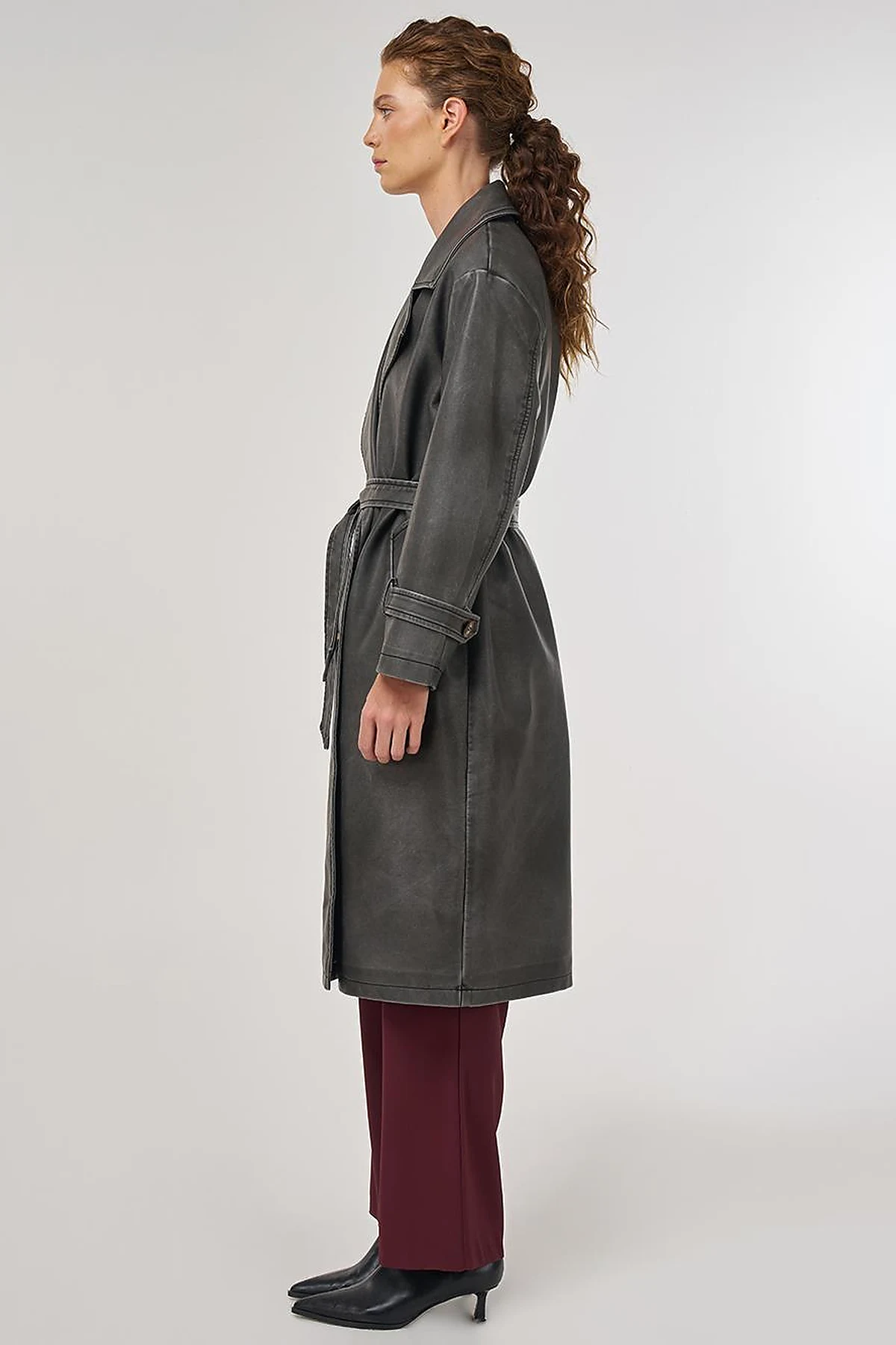 Faux Leather Trench Coat with Epaulet Details Black 