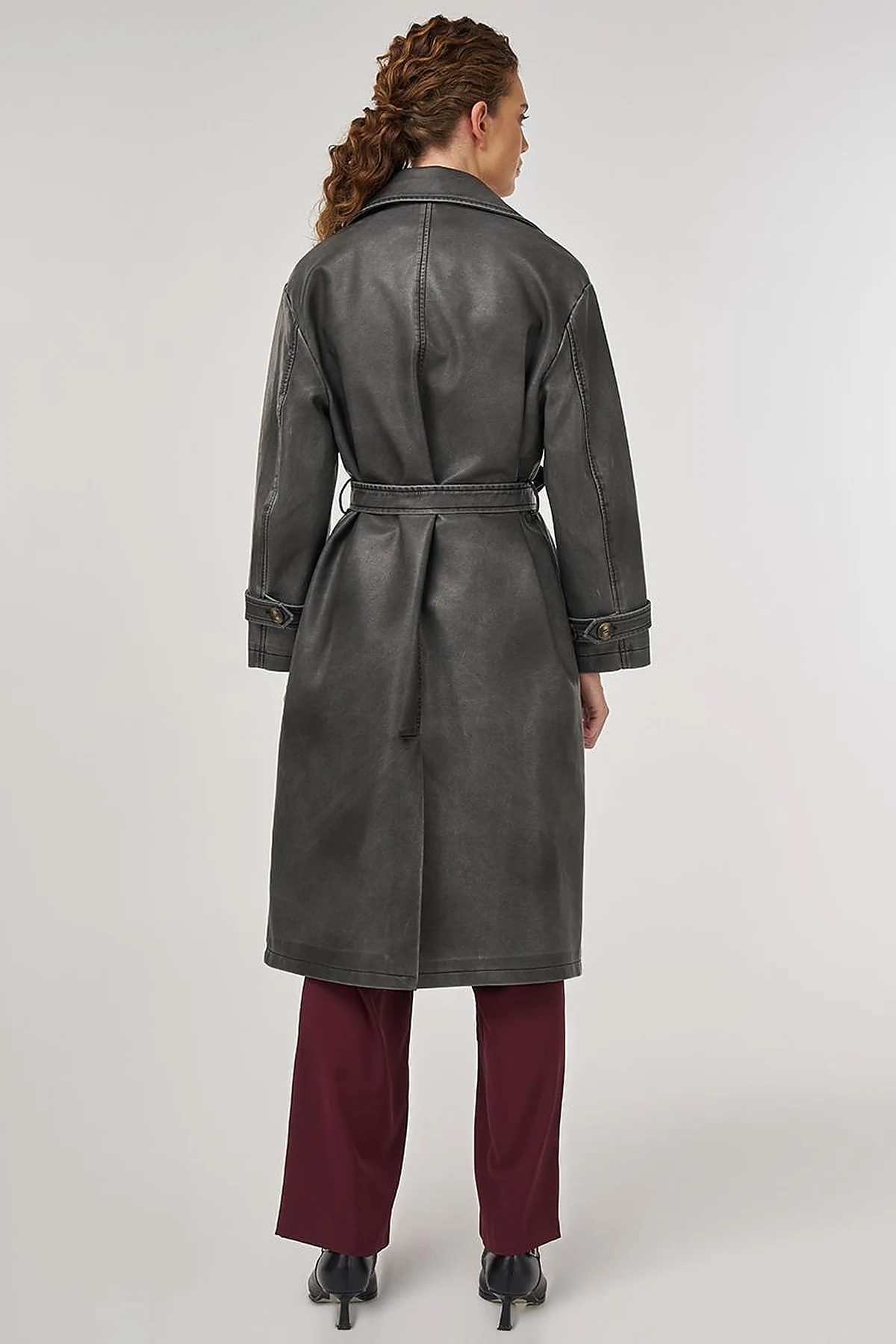 Faux Leather Trench Coat with Epaulet Details Black 