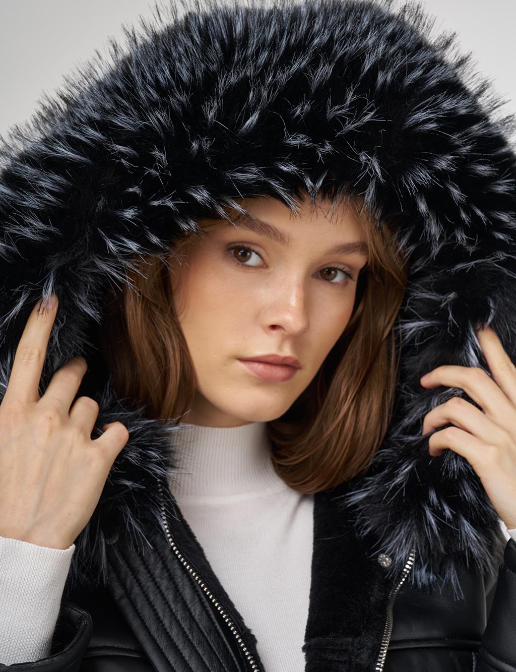 Faux Fur Detailed Faux Leather Jacket Black