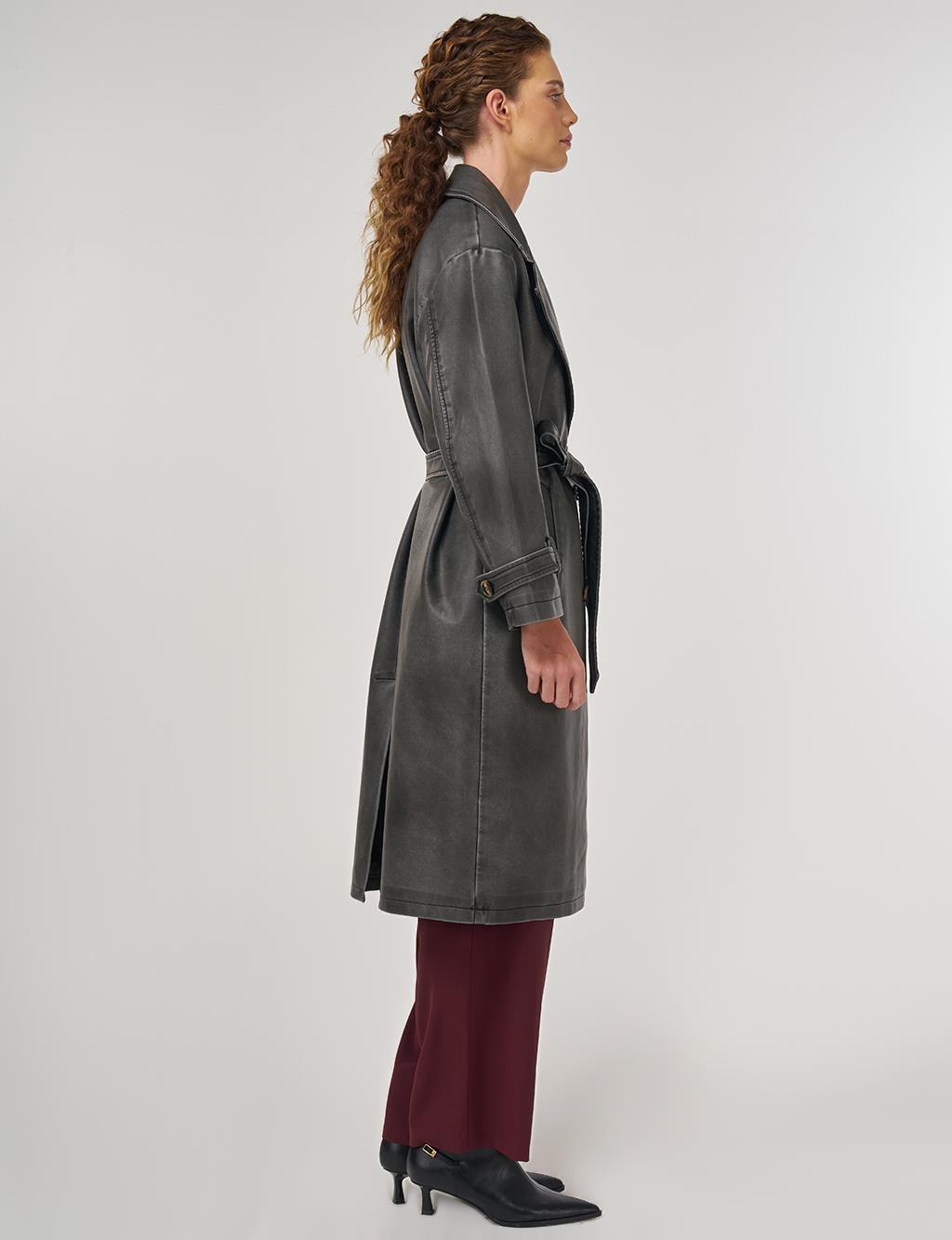 Faux Leather Trench Coat with Epaulet Details Black 