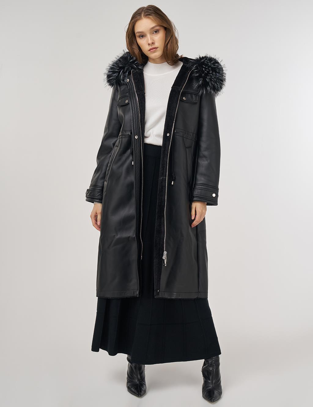 Faux Fur Detailed Faux Leather Jacket Black