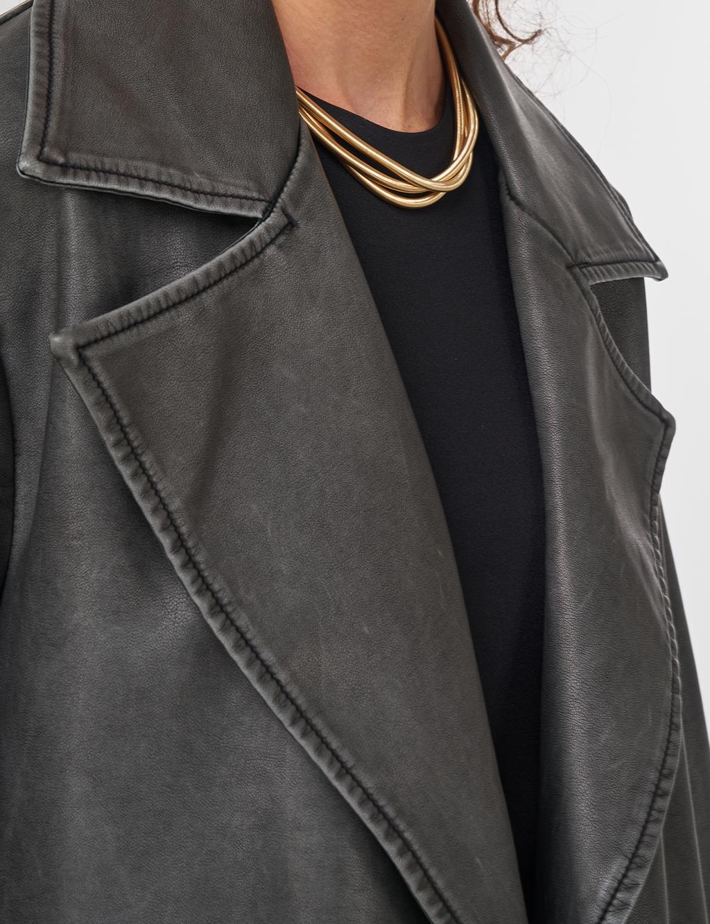 Faux Leather Trench Coat with Epaulet Details Black 