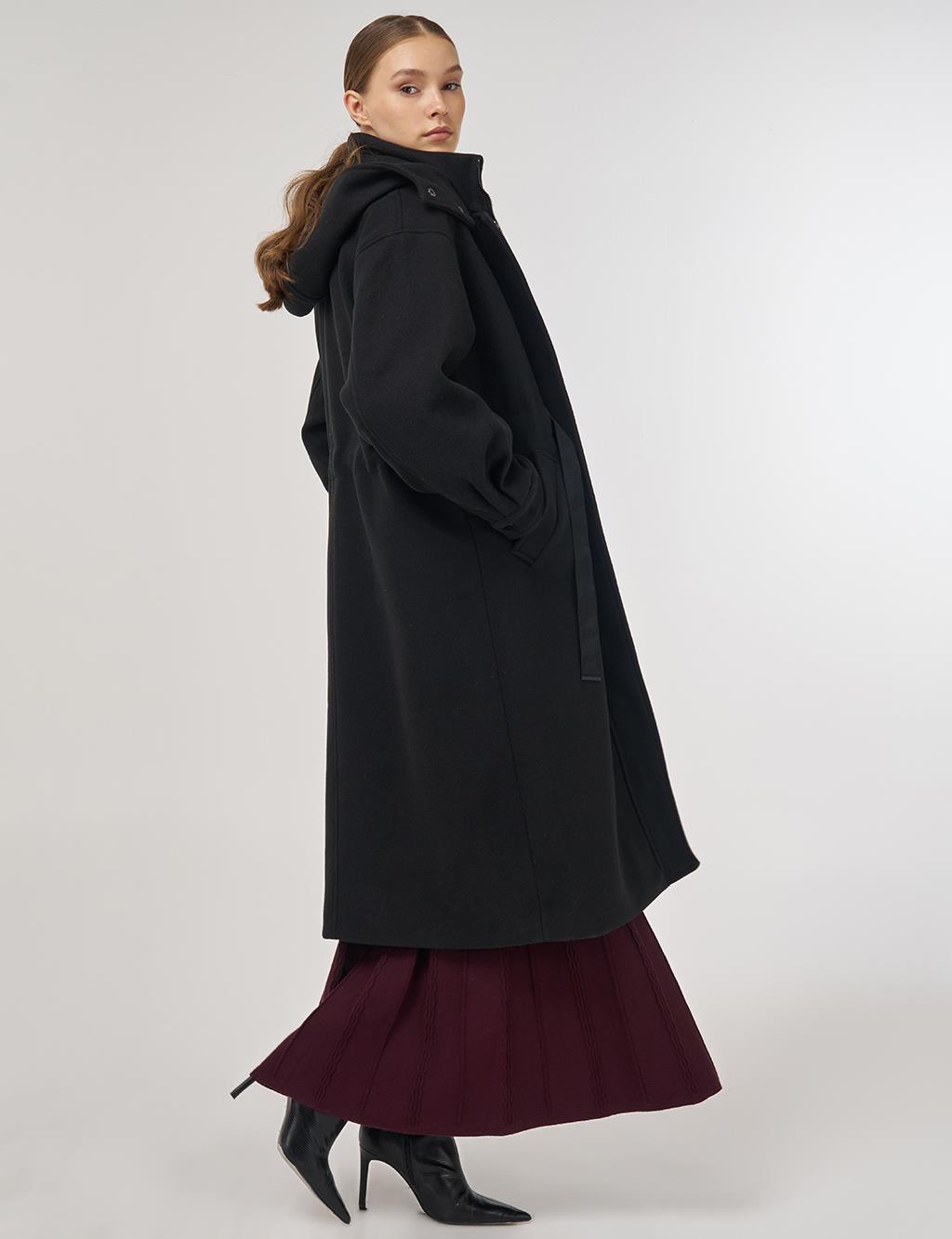 Kapüşonlu Kaşe Kaban Siyah 