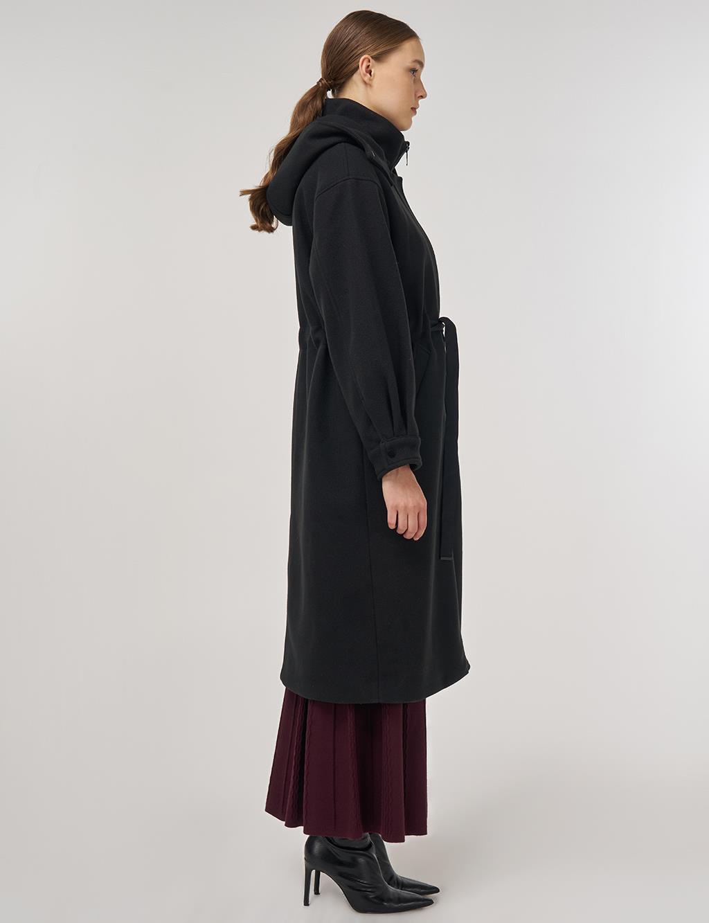 Kapüşonlu Kaşe Kaban Siyah 