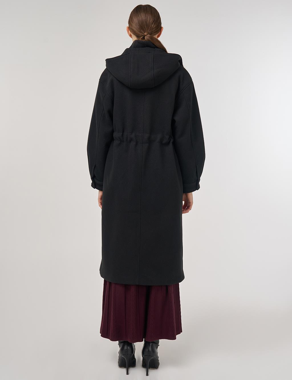 Kapüşonlu Kaşe Kaban Siyah 