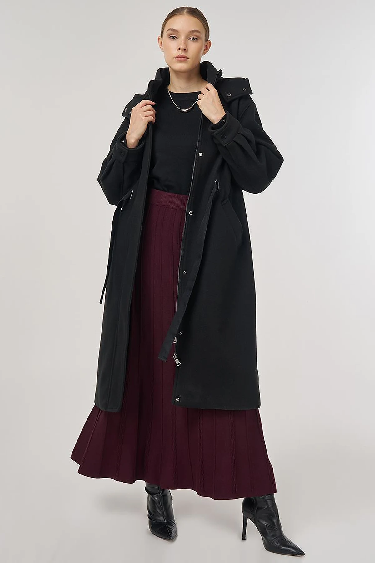 Hooded Wool-Blend Coat Black