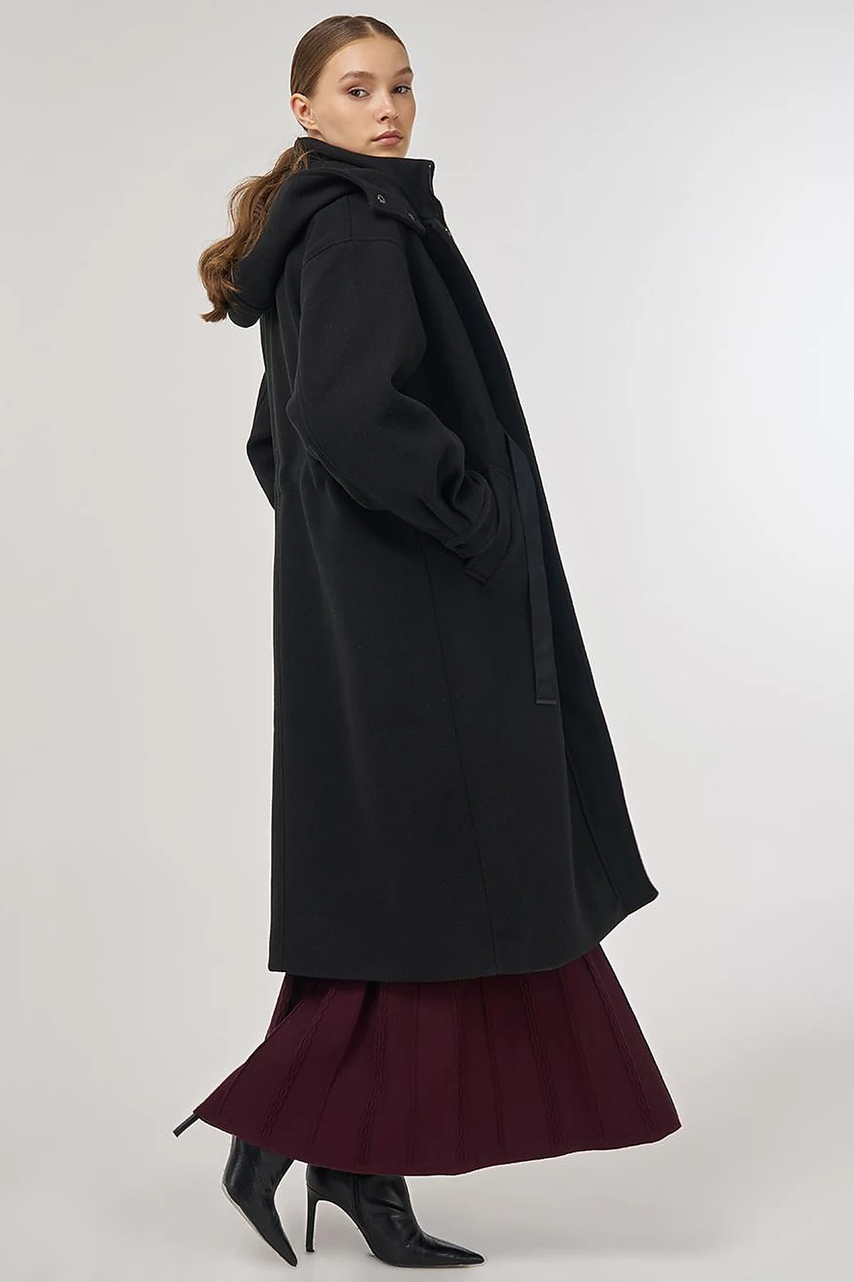 Hooded Wool-Blend Coat Black