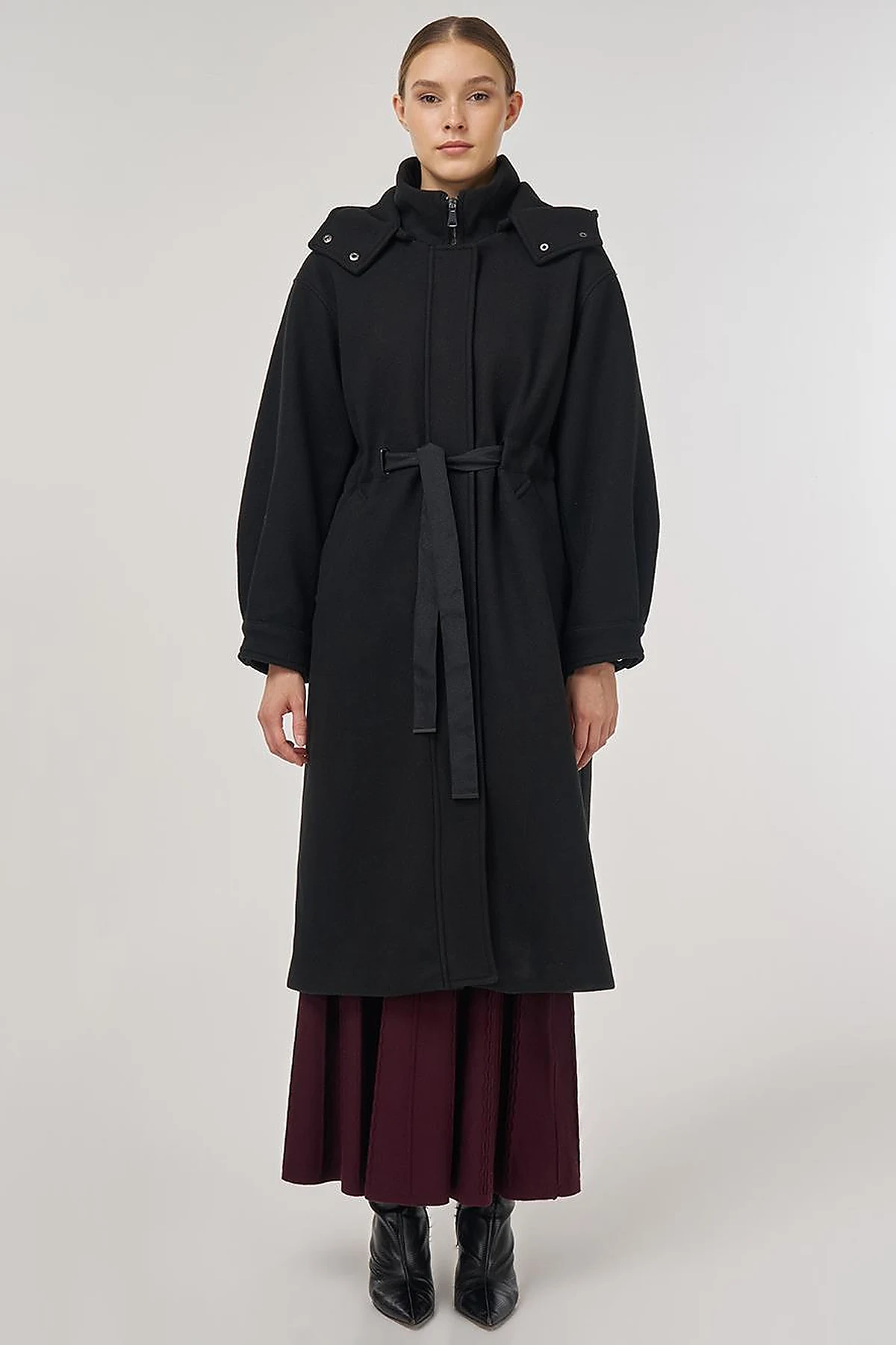 Hooded Wool-Blend Coat Black