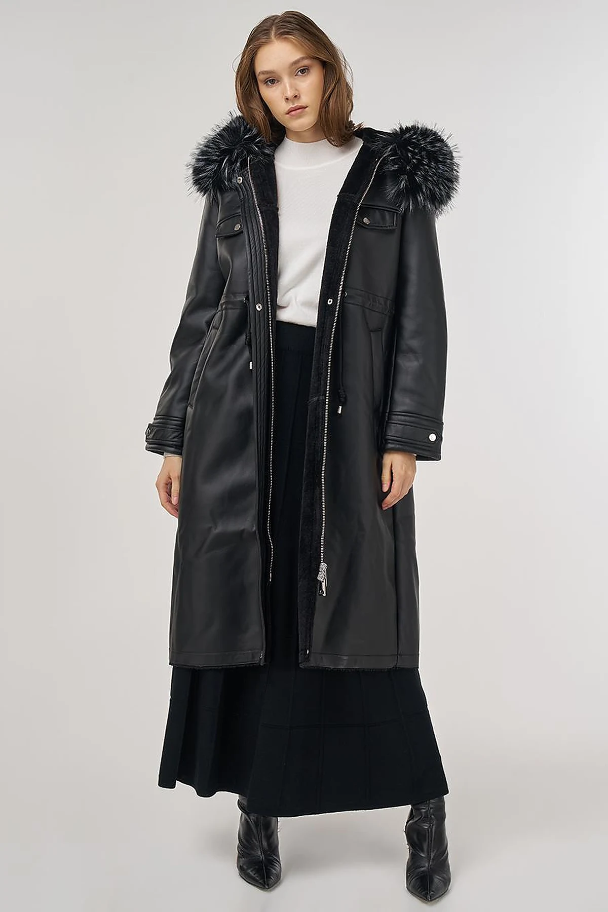 Faux Fur Detailed Faux Leather Jacket Black