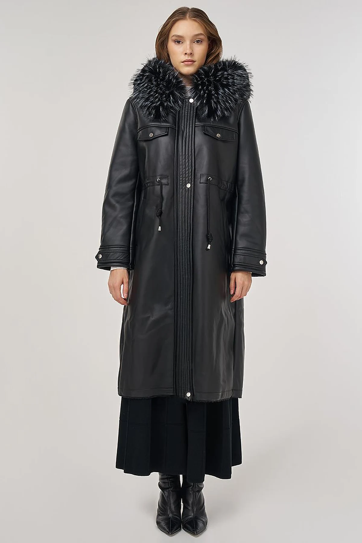 Faux Fur Detailed Faux Leather Jacket Black