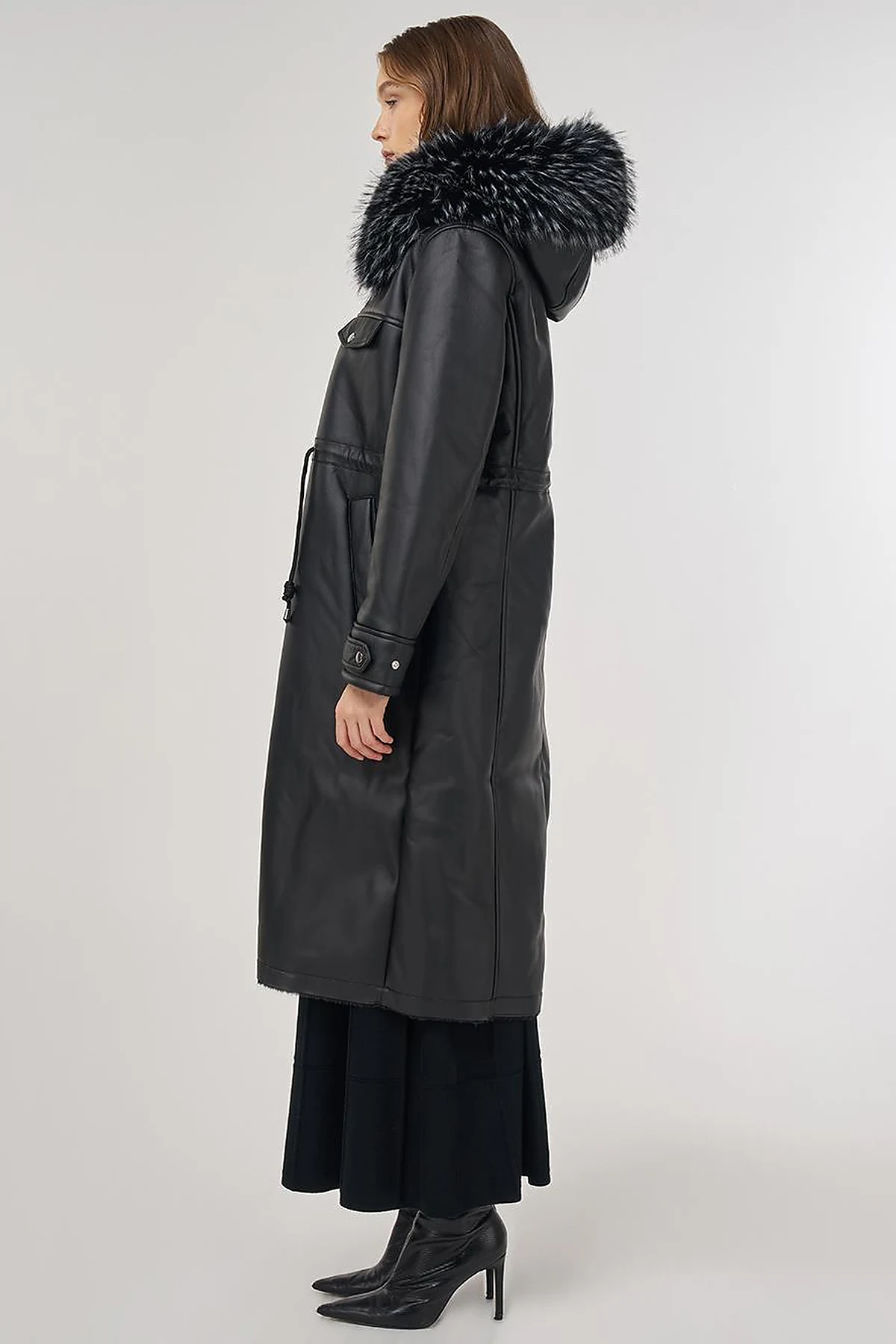 Faux Fur Detailed Faux Leather Jacket Black