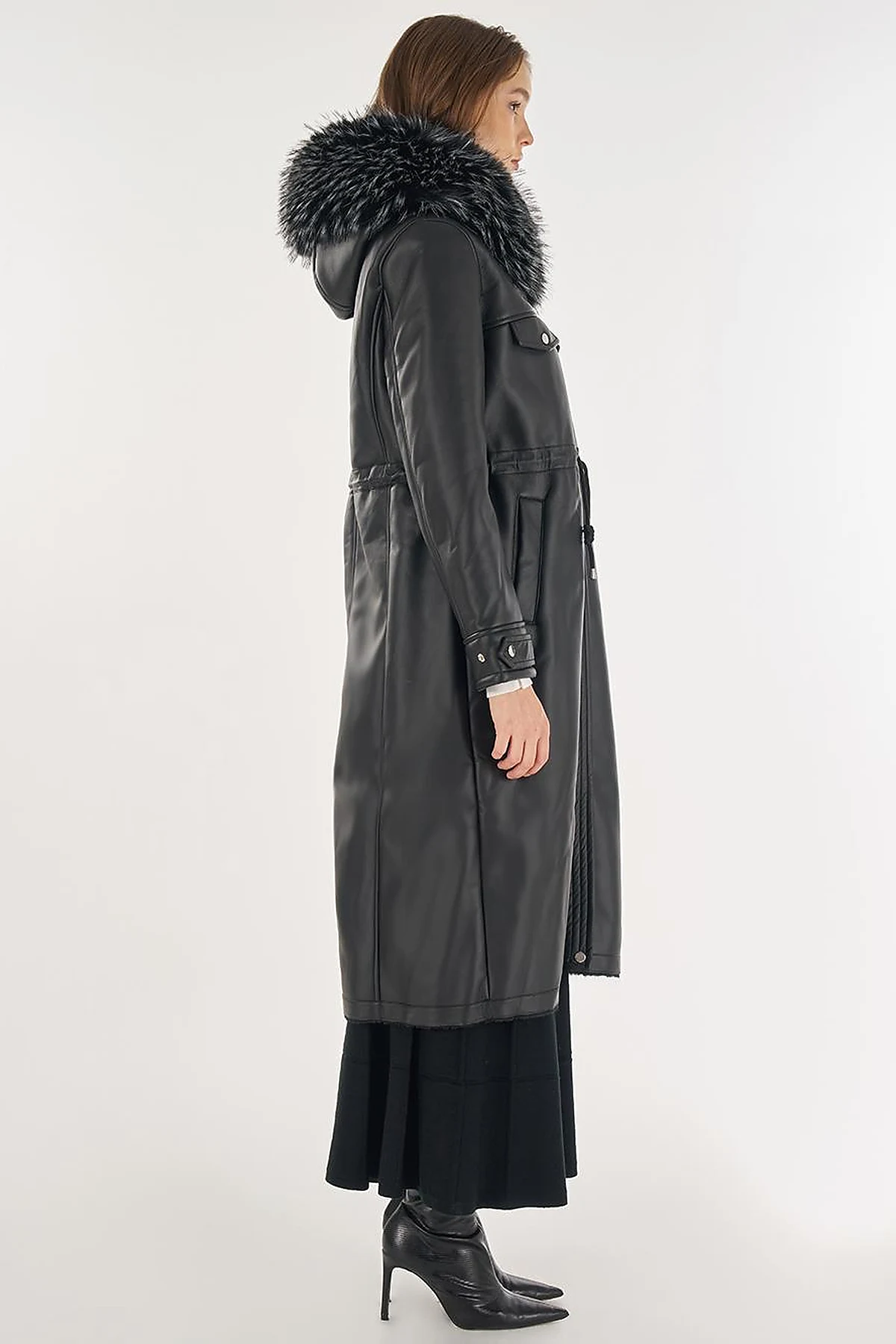 Faux Fur Detailed Faux Leather Jacket Black
