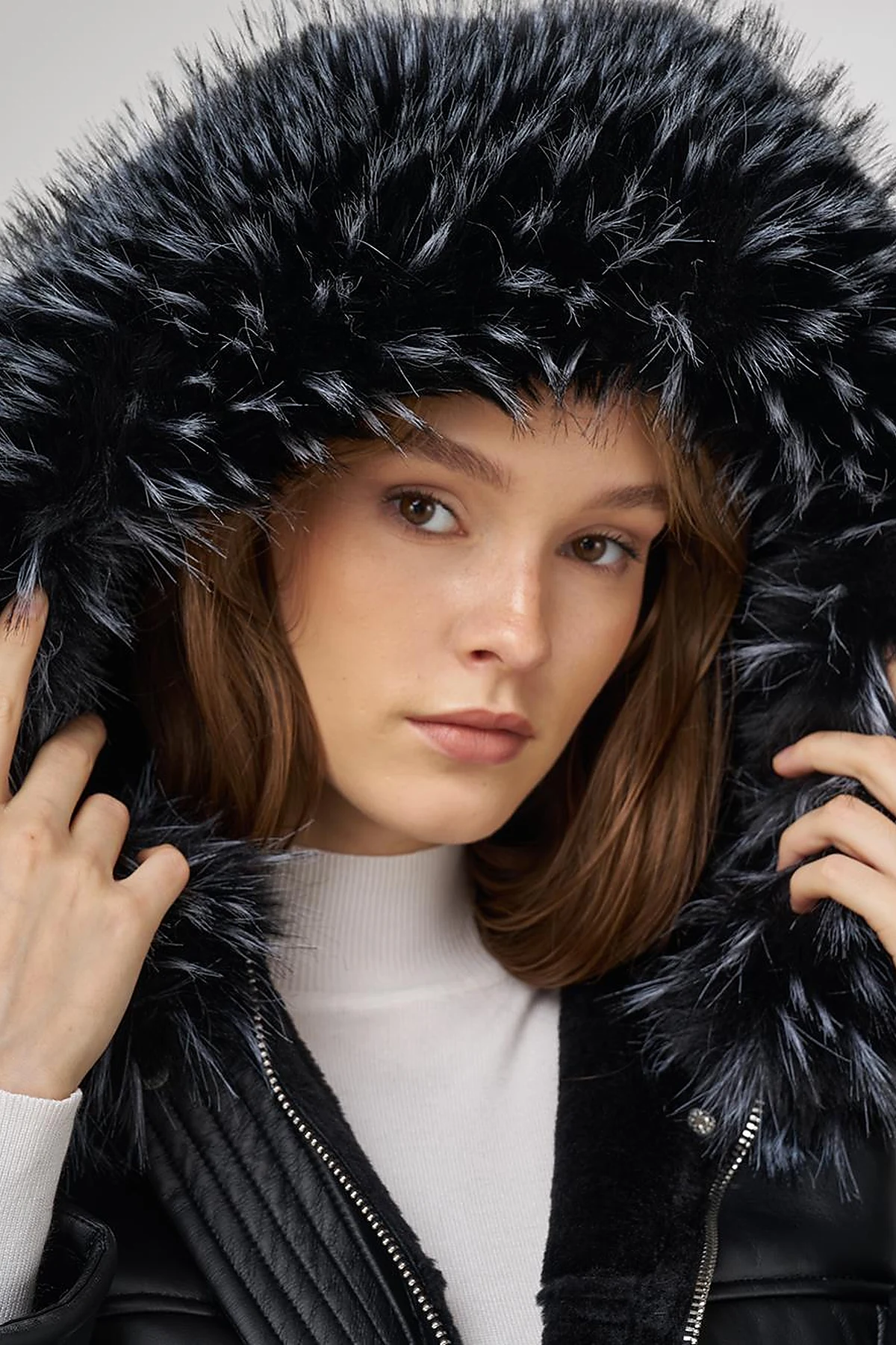 Faux Fur Detailed Faux Leather Jacket Black