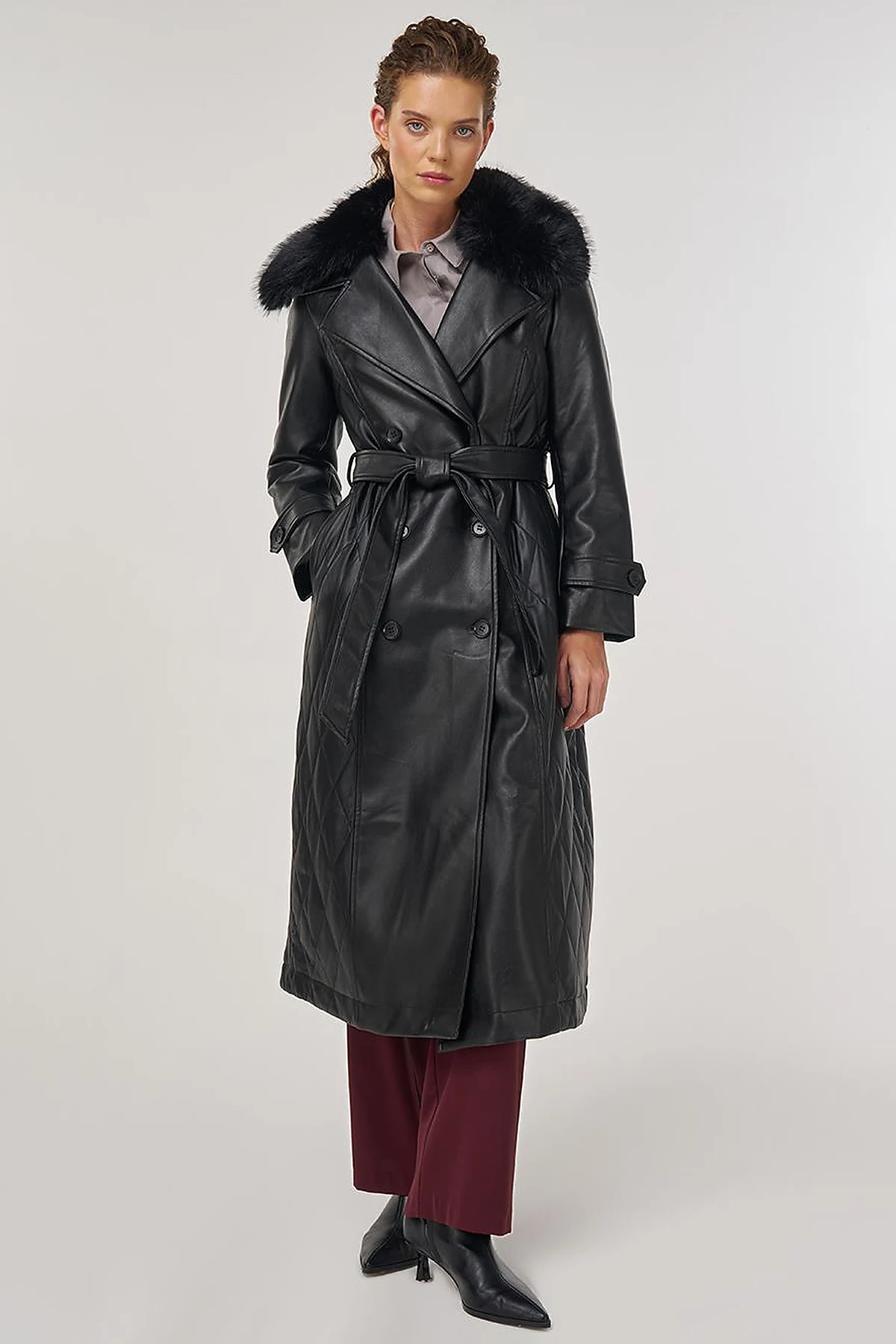 Faux Fur Leather Coat Black