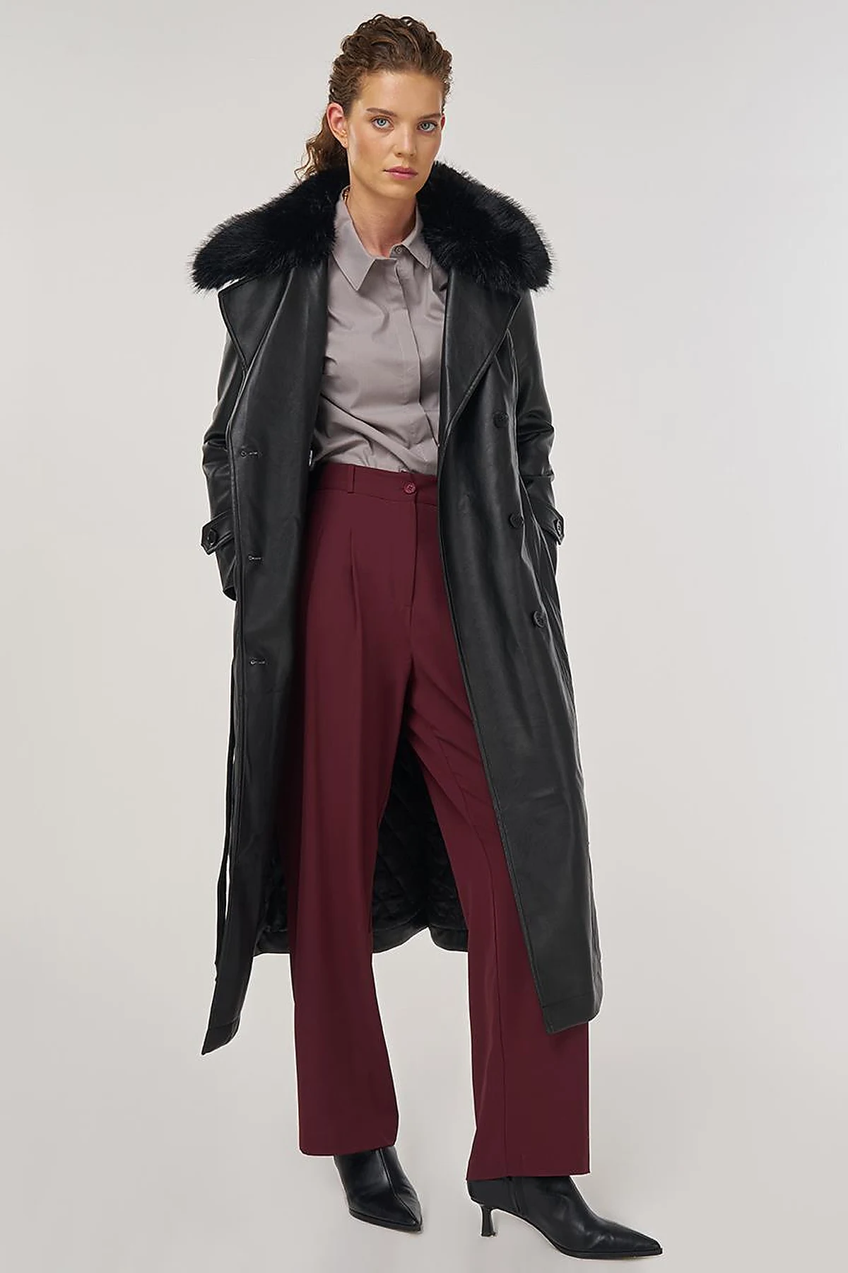 Faux Fur Leather Coat Black