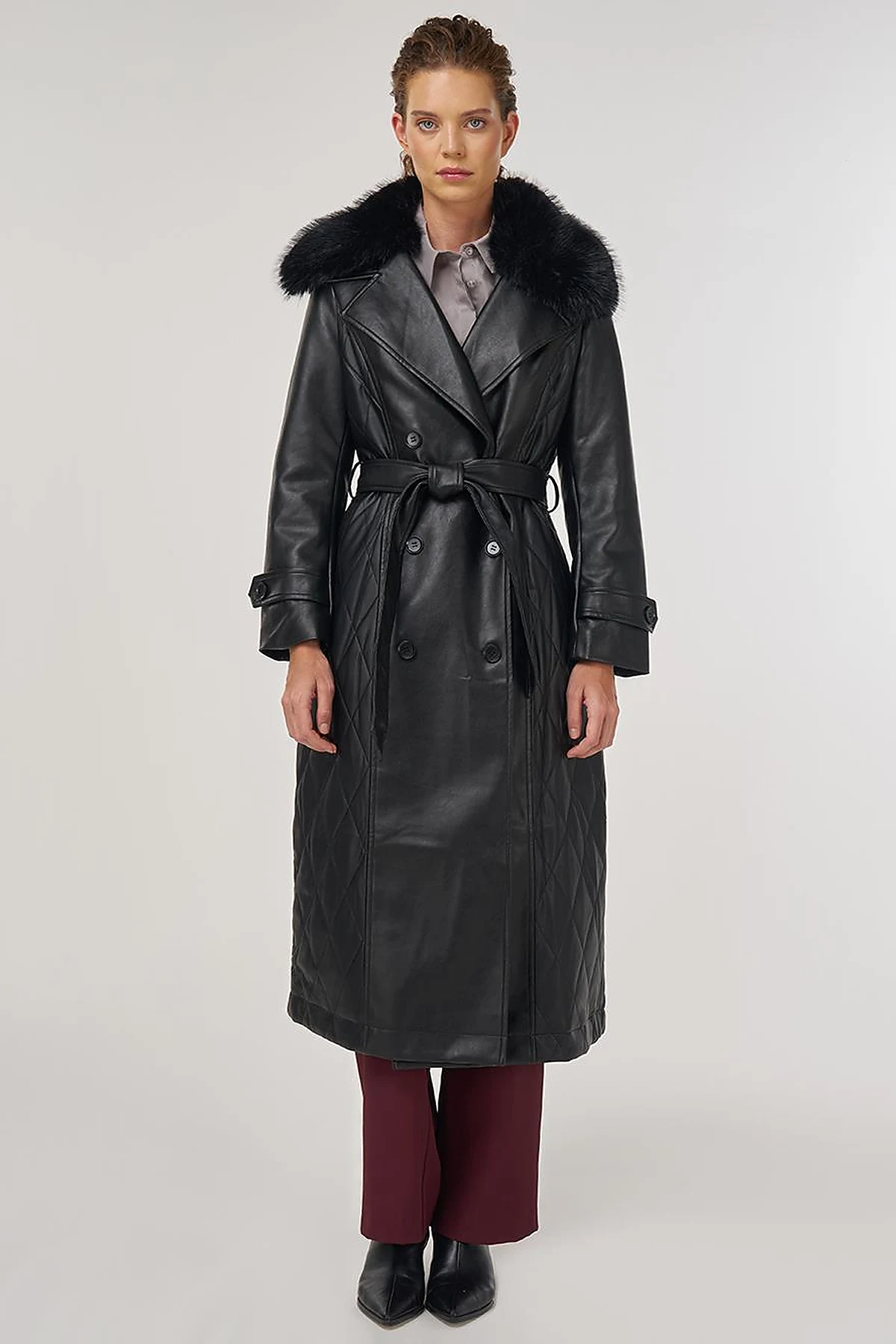 Faux Fur Leather Coat Black