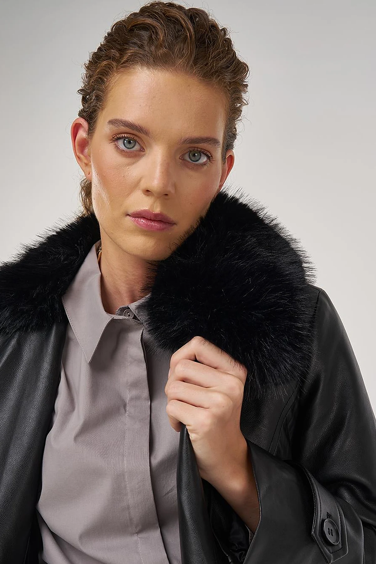 Faux Fur Leather Coat Black