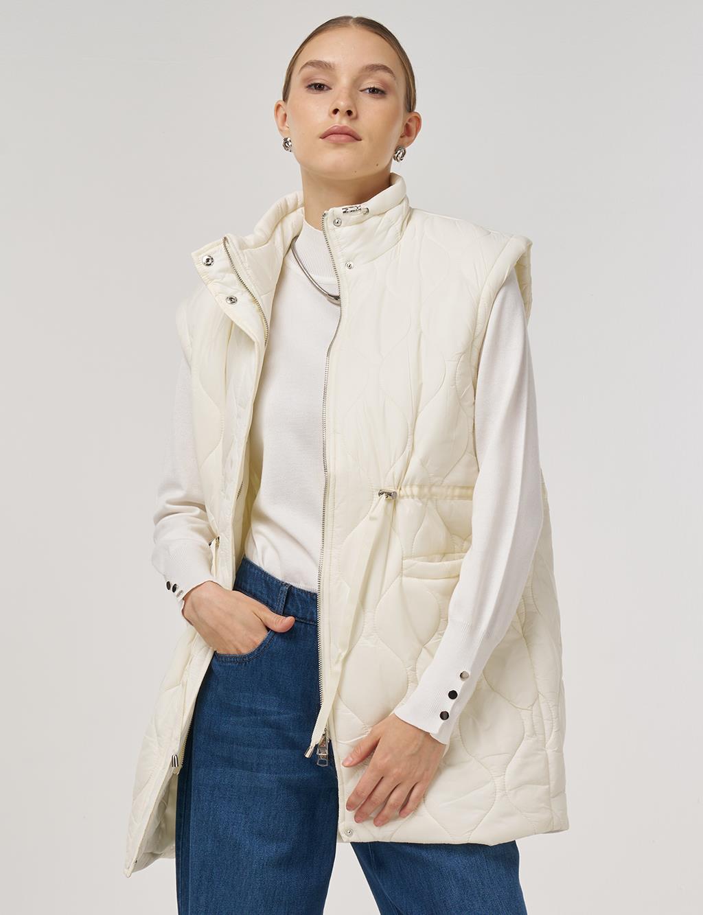 Stand Collar Puffer Vest Ecru