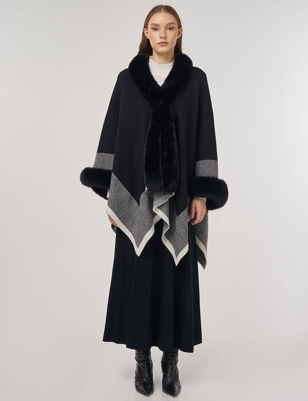  Faux Fur Detailed Poncho Black