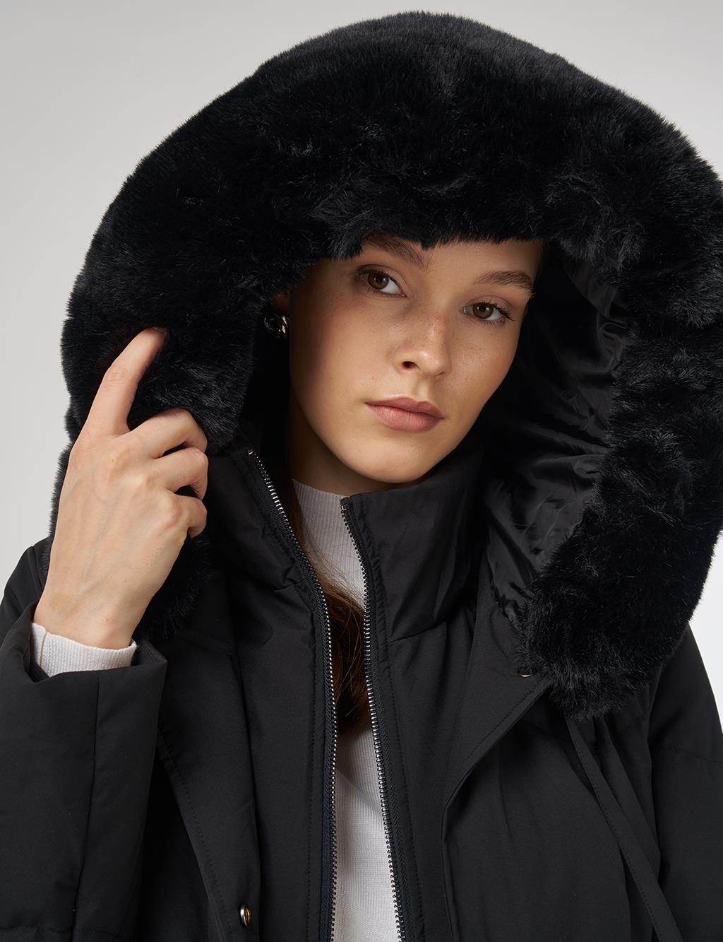 Hooded Down Coat in Black