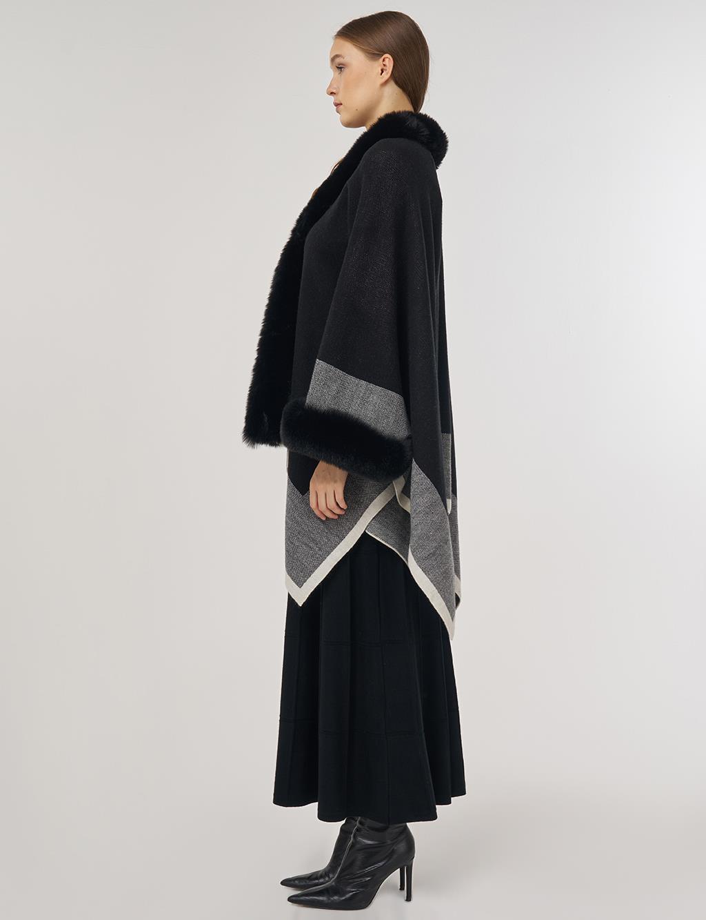  Faux Fur Detailed Poncho Black